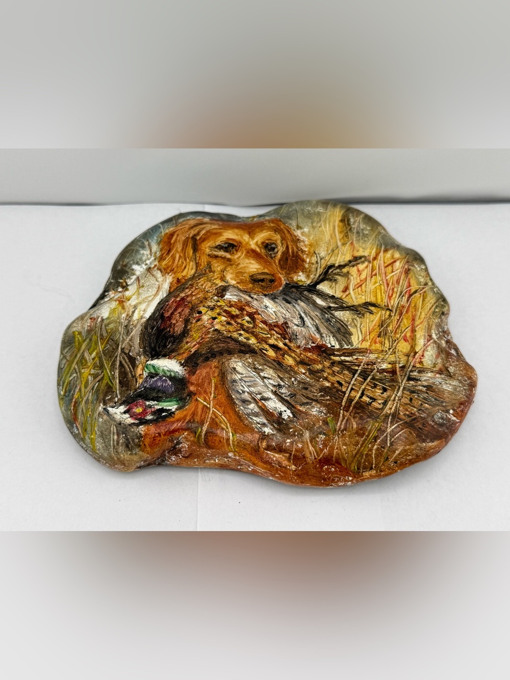 Hand-Painted Stone Retriever & Pheasant Decorative Plaque - Multicolor
